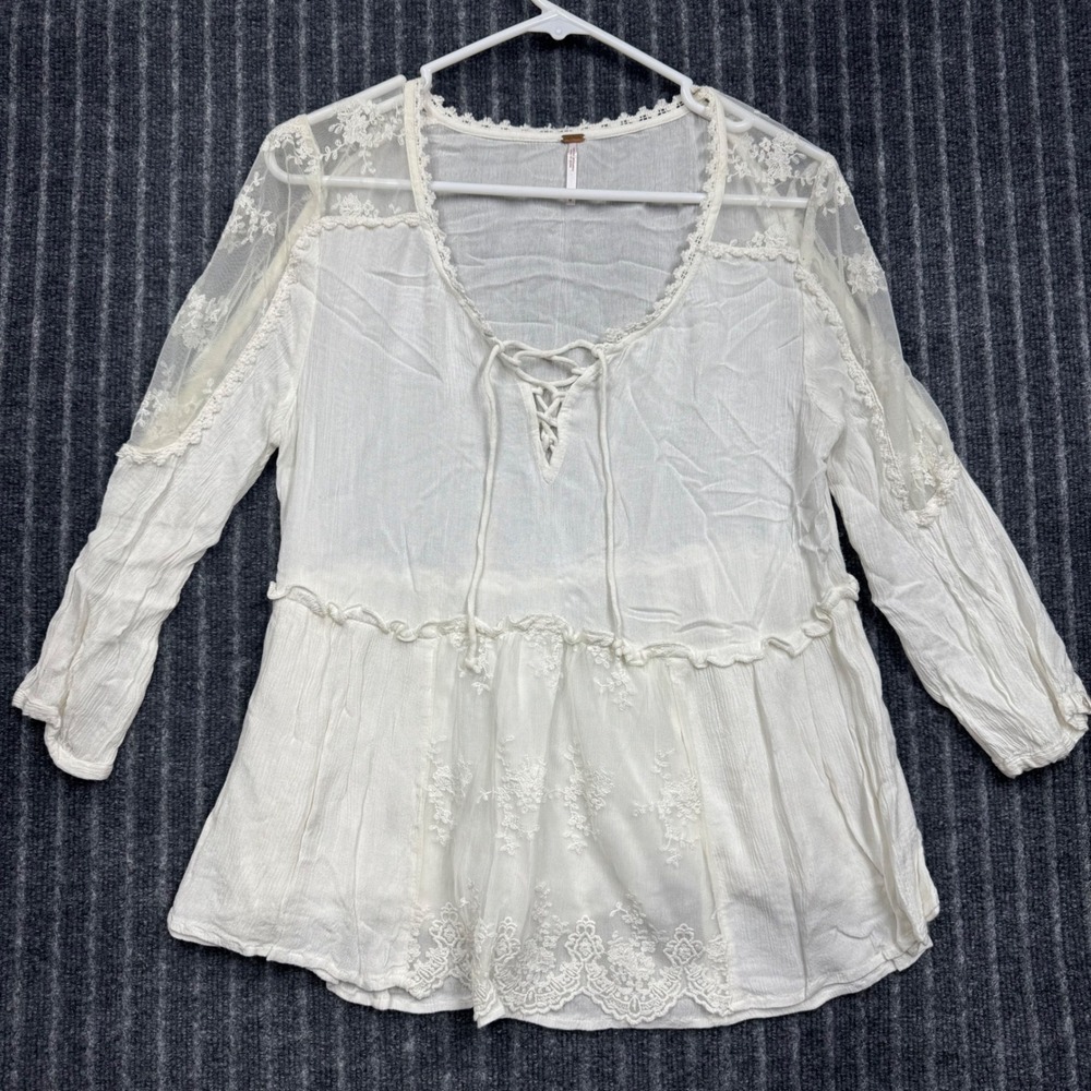 Free People Babydoll Top Medium White Excellent Lace-Up Boho‎ Lace (2233)